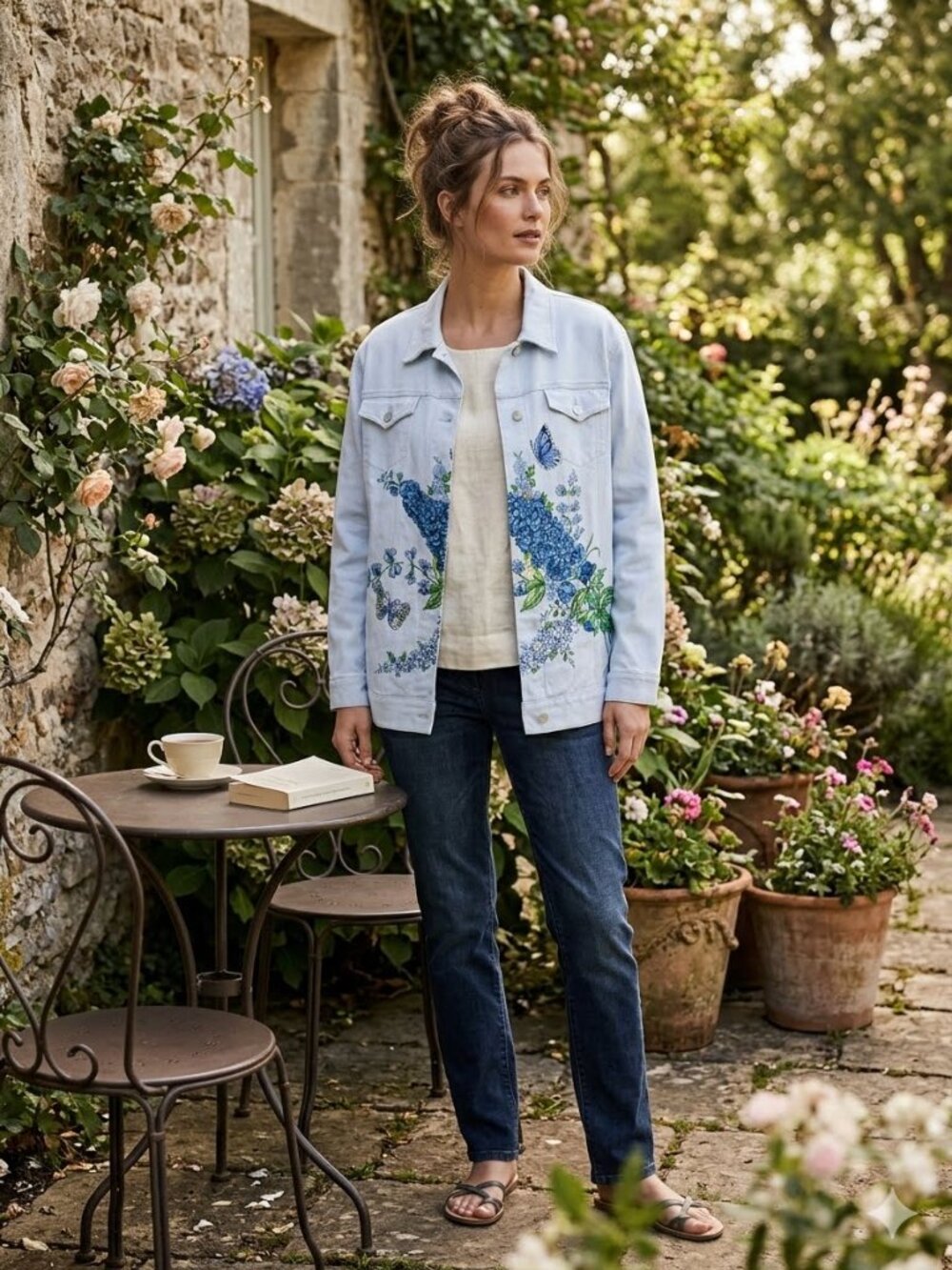 Diane's Essentials Size 1X Light Blue Hand Painted Floral Sequin Denim Jacket